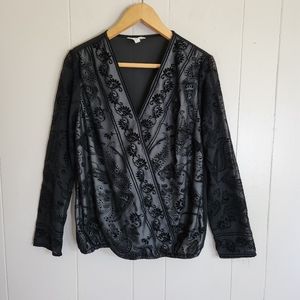 3/$15 Adiva sheer overlay flocked faux wrap top blouse black M